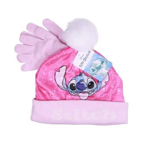 Conjunto Infantil Gorro y Guantes Rosa Stitch Disney